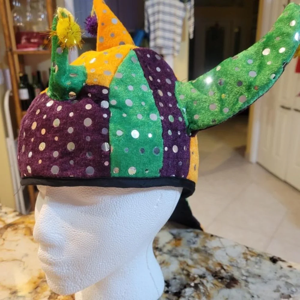 NEW - Mardi Gras Jester hat in purple gold green and sequin embellishment & tail